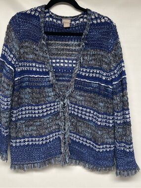 Chico's Blue Multi-Stripe Open Cardigan